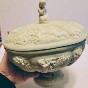 Oval Porcelain Putto Figurine Pedestal Bowl W/ Lid "Dolly Collard" 7" Dia X 7" T